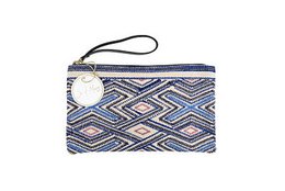 Lila embroidered pouch, a navy and pink patterned clutch with a wrist strap, perfect for carrying essentials.