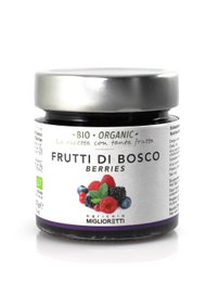 A jar of wild berry jam with a dark green lid. The label features the brand name "Miglioretti" and indicates the product is a "Frutti di bosco" or forest fruit jam.