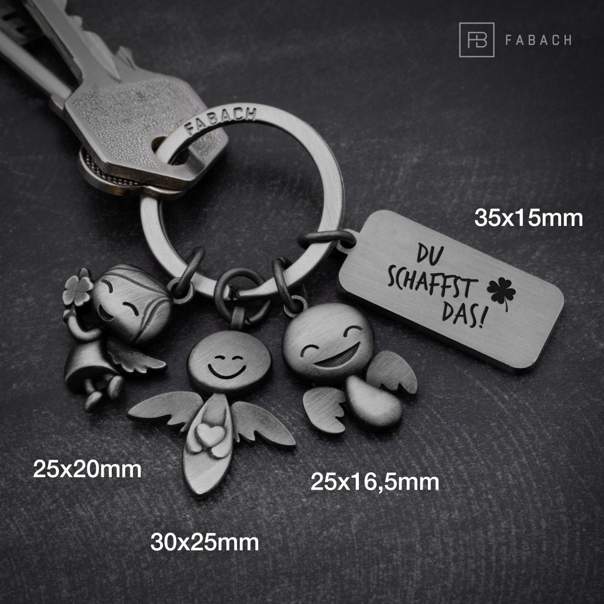 3 Angels" Guardian Angel Keychain - Angel Lucky Charm with Message Engraved "You can do it!"