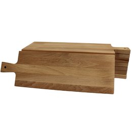 Rectangular wooden cutting board with a handle, made of light-colored wood, suitable for food preparation and serving.