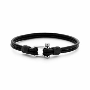 Black Leather Bracelet with Stainless Steel