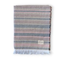 Large, soft, and absorbent beach towel with a striped pattern in shades of gray, pink, and white. Made of high-quality cotton with fringed edges for a stylish look.