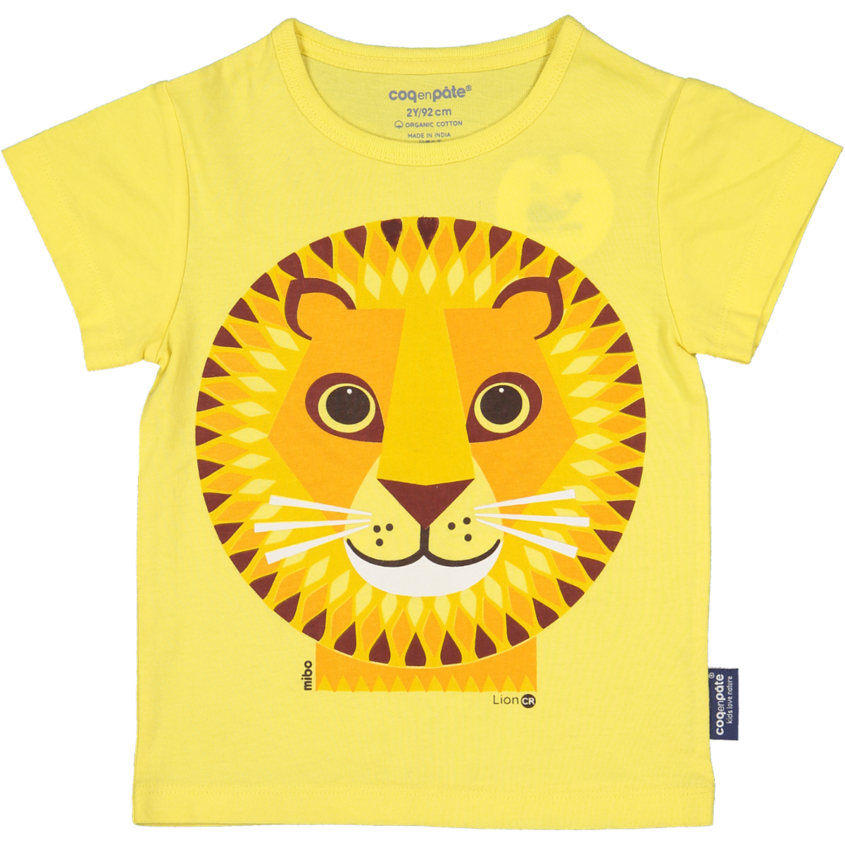 Kortærmet børne-t-shirt, økologisk bomuld, gul, Lion