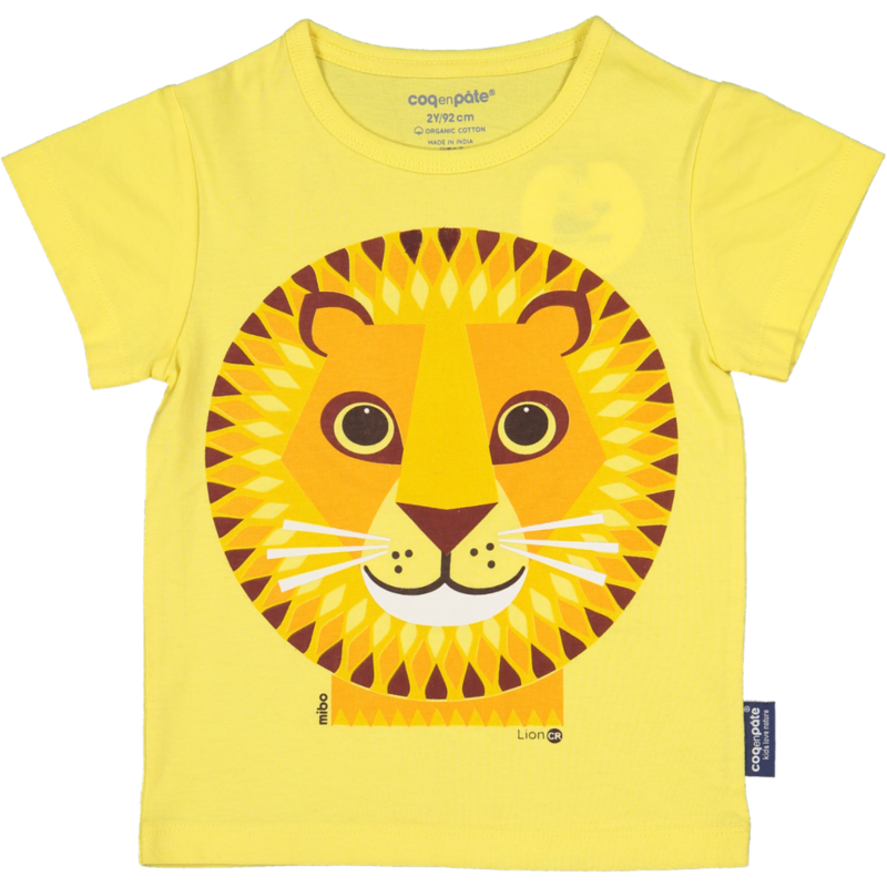 Kortærmet børne-t-shirt, økologisk bomuld, gul, Lion