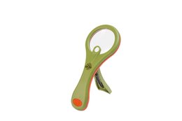 Green magnifier with orange accents, made of eco-friendly ABS plastic, part of the EXPLORA range, designed in Italy for discovering the world.