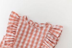 Girl's blouse 3-9A coral pink vichy with ruffle back JGV96731