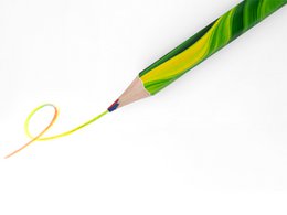 Multicolored pencil with green and yellow stripes, suitable for kids' use.