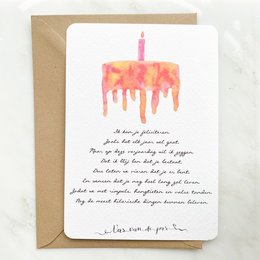A colorful birthday card with a watercolor-style cake and a handwritten message. The card conveys a warm, celebratory sentiment.
