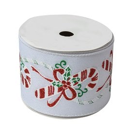 White synthetic ribbon with red and green floral pattern, 6.3 cm wide and 5 m long, suitable for Christmas decorations.
