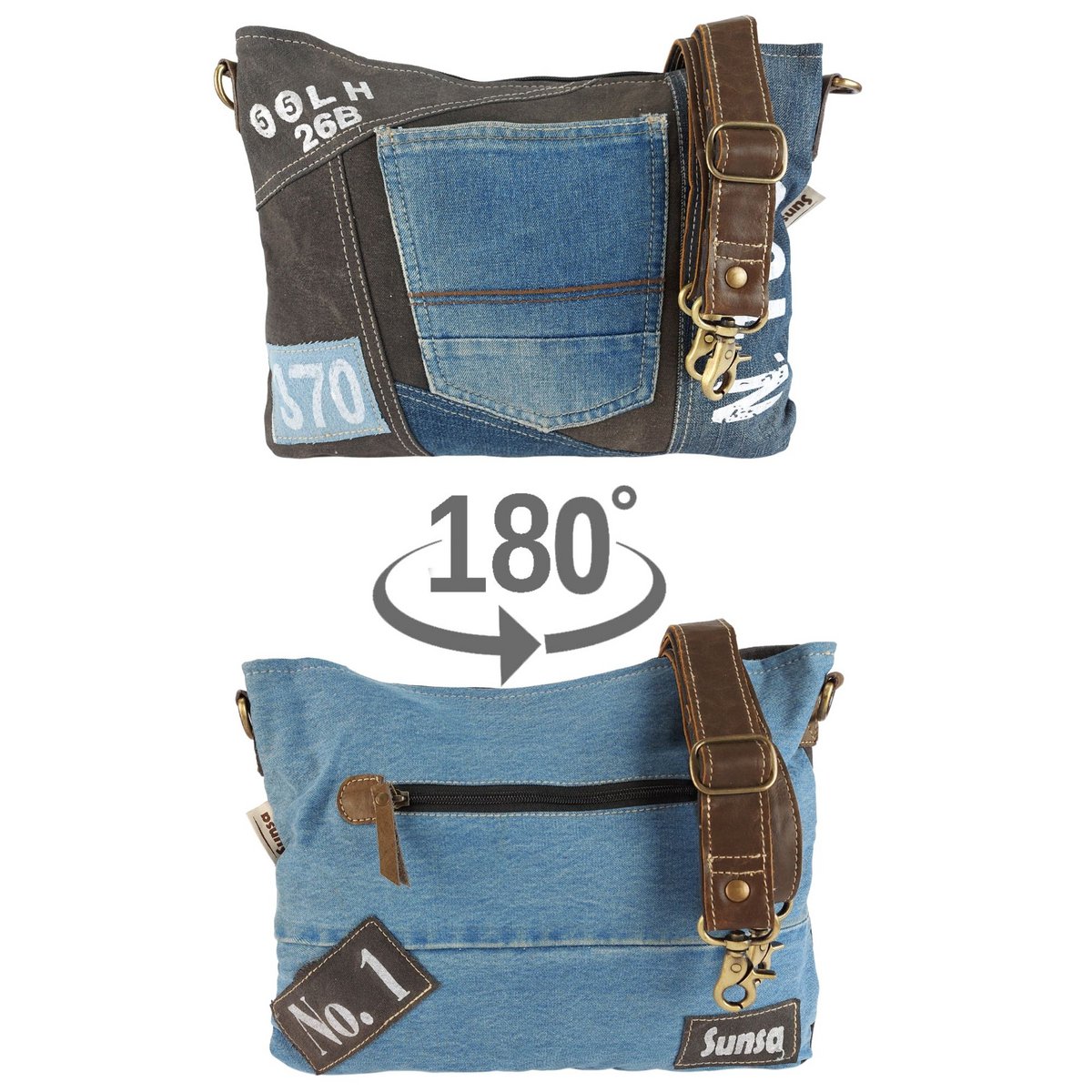 Sac bandoulière femme Sunsa. Sac bandoulière en jean et toile upcyclés. Sac à main style rétro vintage. Sac bandoulière pour femme.