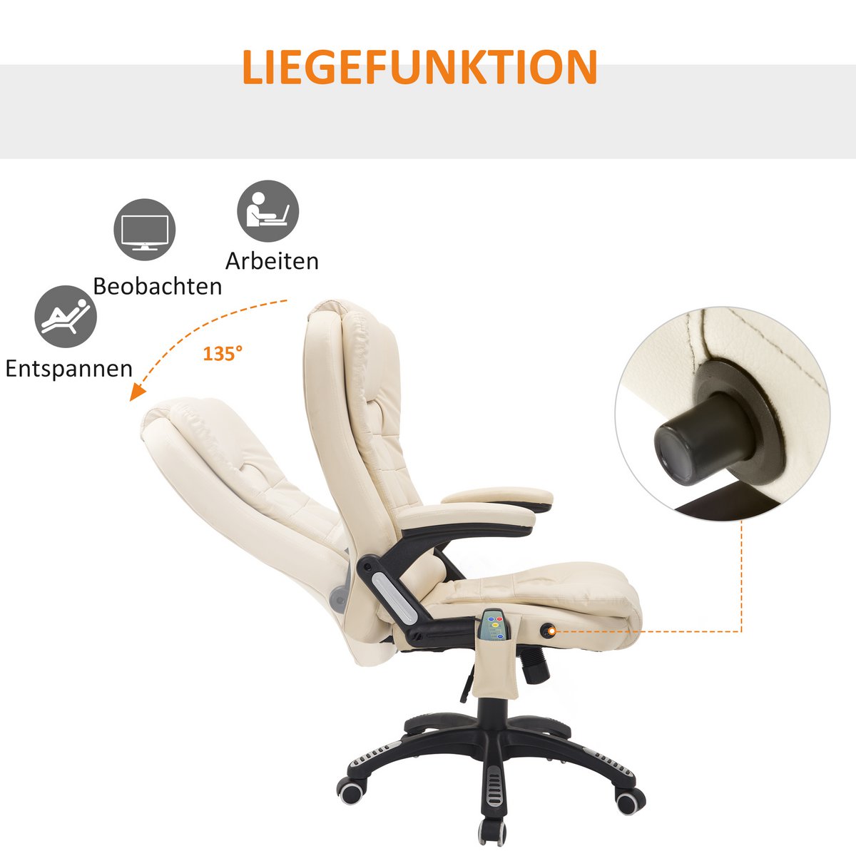 Silla de oficina con función de masaje, función de calor, altura regulable, función de inclinación, silla de oficina de masaje, blanco crema + negro