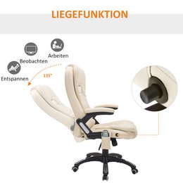Silla de oficina con función de masaje, función de calor, altura regulable, función de inclinación, silla de oficina de masaje, blanco crema + negro