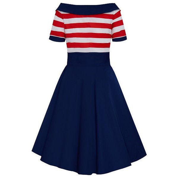 EU Stock Darlene Retro Swing Dress in Navy med røde og hvide striber