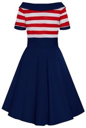 EU Stock Darlene Retro Swing Dress in Navy med røde og hvide striber