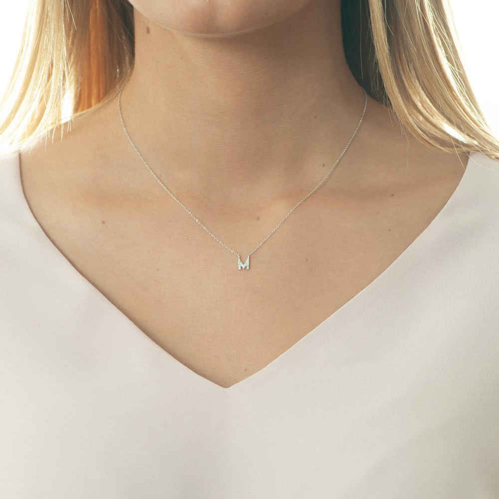 Necklace Letter "M", 14K white gold with diamonds