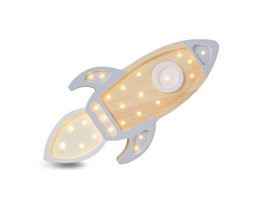 A space rocket-shaped lamp with LED lights in navy red, galactic white, gray/wood, and cappuccino wood color variants. Designed for use in kids' rooms as a night light.
