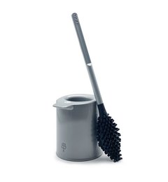 A gray toilet brush with a round base and a long handle. The brush head is made of black bristles arranged in a textured, patterned design.