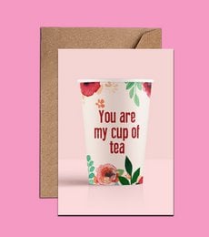 "Birthday card with a teacup design and the text 'You are my cup of tea'"