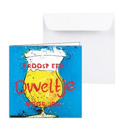 "Colorful card with text 'Cheers to Duvel' and an illustration of a beer glass."