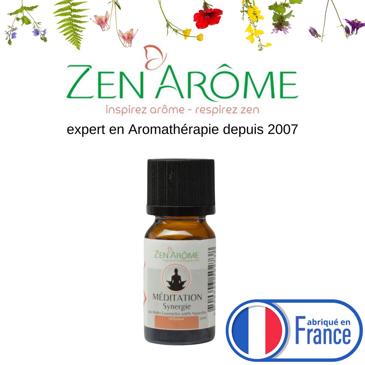 Sinergia de aceites esenciales - Meditación - 10 ml - Uso para Difusión - Envasado en Francia