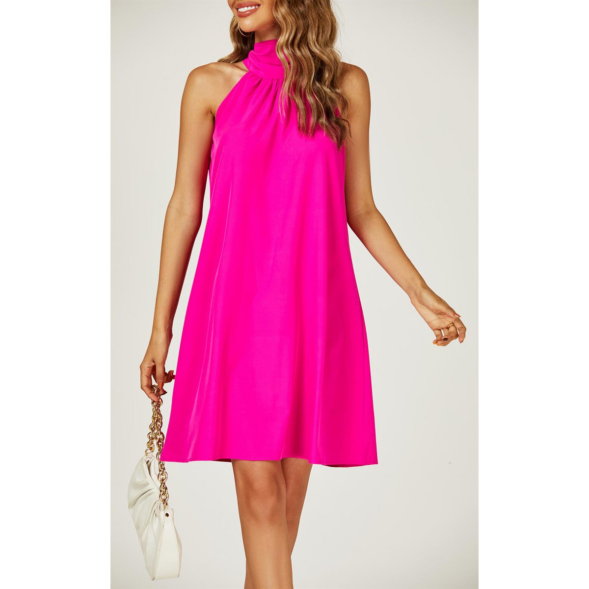 Halter Neck Tie Back Mini Dress in Magenta