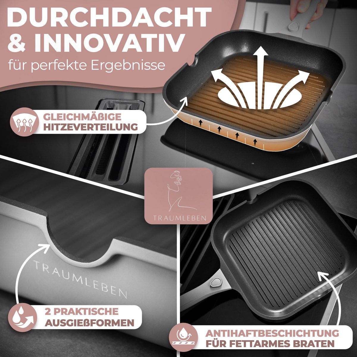 Grill Pan 28 cm, ikke -stick coating, aftagelige håndtag, induktion, ovnfestival (grå)