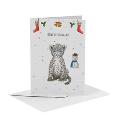 A6 size Christmas card featuring a hand-painted leopard design by Mies. The card has a festive holiday theme with Christmas stockings and ornaments.
