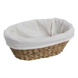Oval woven storage basket with white lining, suitable for storing bread, fruits, or other household items.