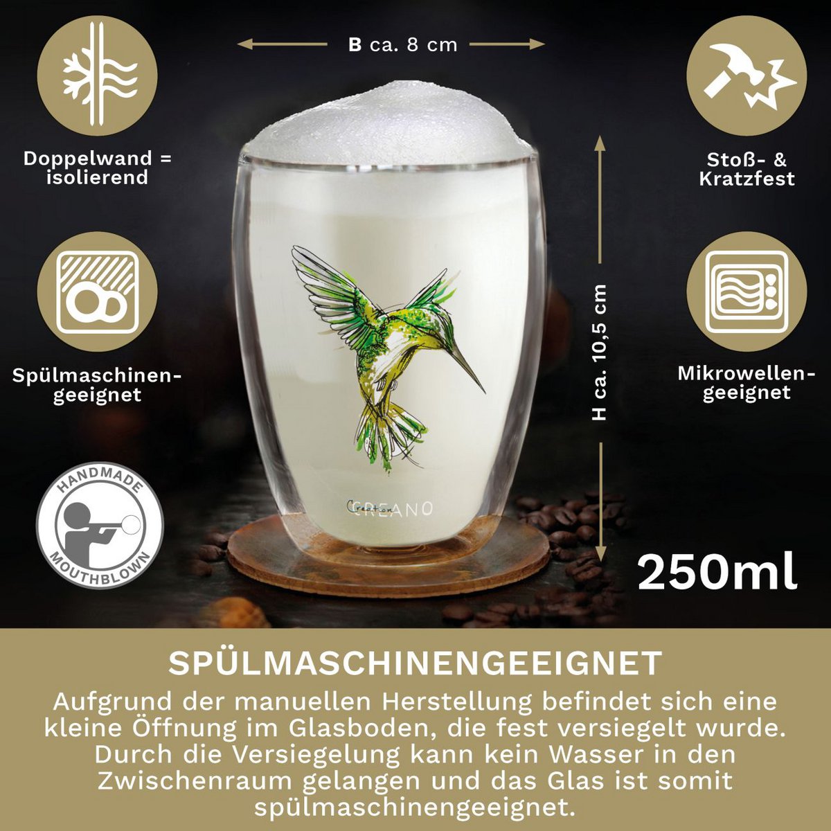 Creano Doppelwand-Teeglas Kolibri 250ml grün Geschenkbox