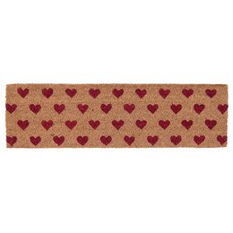 A red and brown heart-patterned doormat made of coir, measuring 75x22x2 cm, suitable for indoor use in the garden.