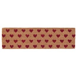 A red and brown heart-patterned doormat made of coir, measuring 75x22x2 cm, suitable for indoor use in the garden.