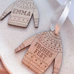 Christmas Tree Bauble Sweater Personalized Wooden HAPPY FESTIVAL - Christmas Sweater Ornament