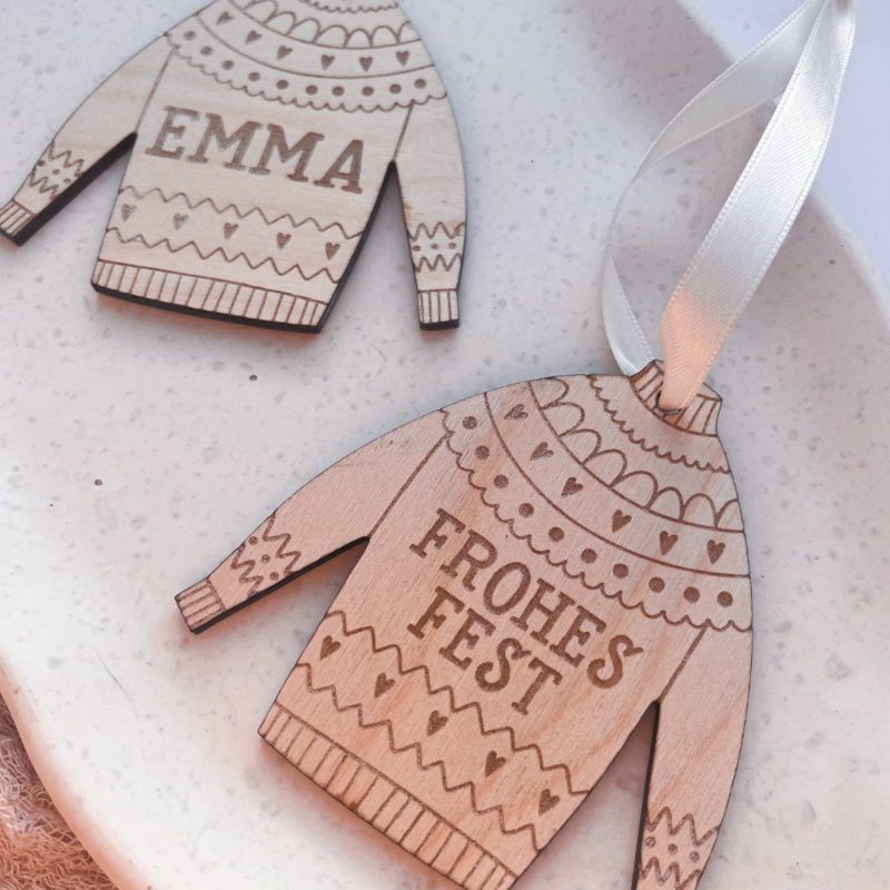 Christmas Tree Bauble Sweater Personalized Wooden HAPPY FESTIVAL - Christmas Sweater Ornament