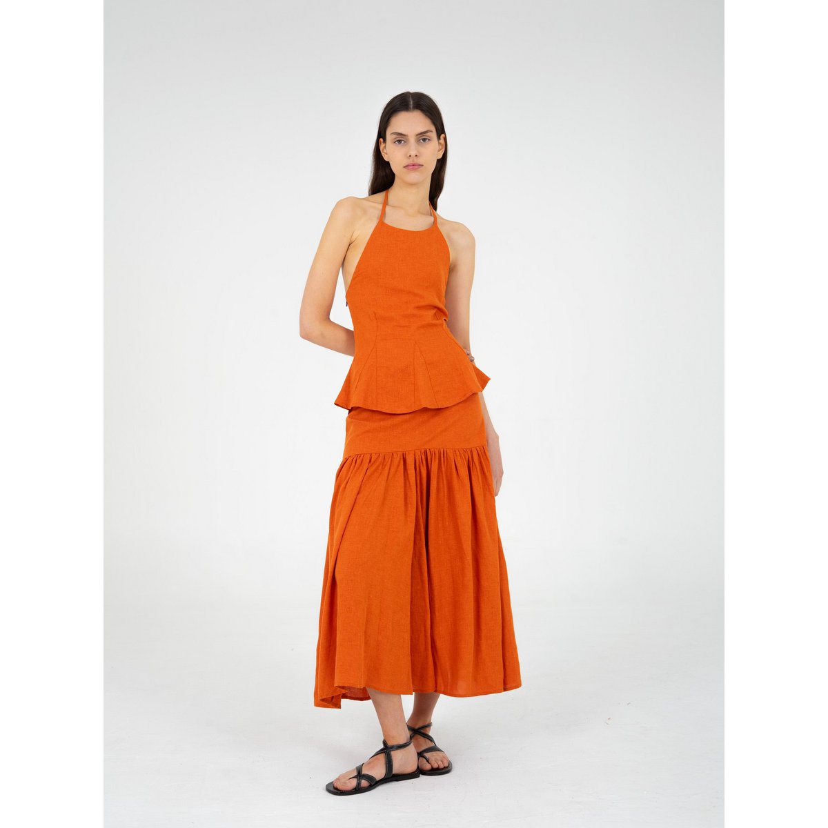 Leo terracotta linned midi-nederdel