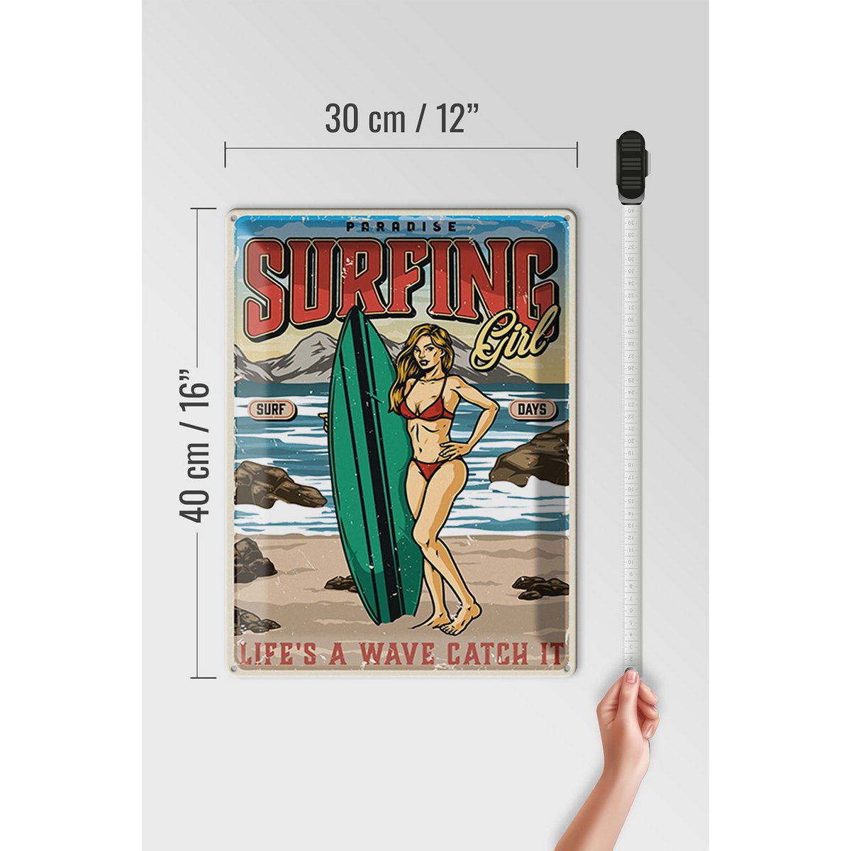 Blechschild Pinup 30x40cm Surfing Girl Paradise Sommer