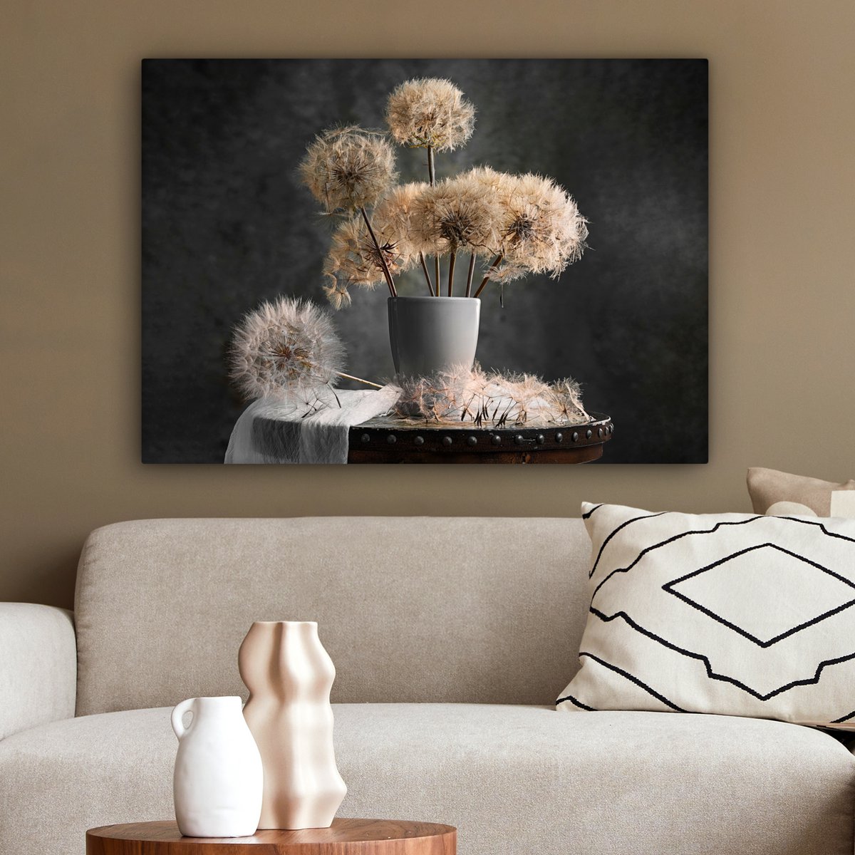Leinwand Malerei - Wanddekoration - Blumensamen - Löwenzahn - Vase - Stillleben - Bouquet