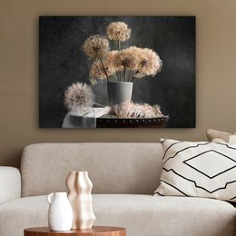 Lærredsmaleri - vægdekoration - blomsterfrø - mælkebøtte - vase - stilleben - buket