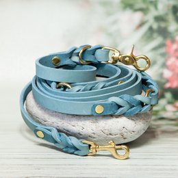 Leather leash for dogs | Ice blue | Dog leash | Length 225 cm | 3-way adjustable | Handcrafted