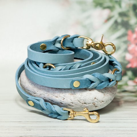 Leather leash for dogs | Ice blue | Dog leash | Length 225 cm | 3-way adjustable | Handcrafted