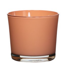 A round, tall, terracotta-colored ceramic planter or flower pot.