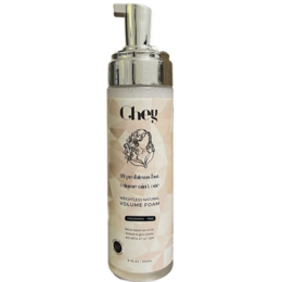 Fragrance-free natural volume foam hair mousse in a recyclable packaging with an aluminium cap, plant-delivered cellulose, and a label from recycled paper waste.