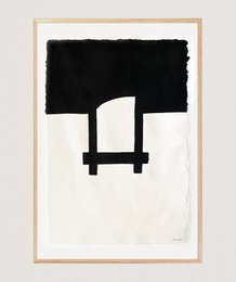 A minimalist black and white painting with a simple geometric shape.