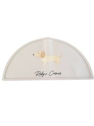 Beige silicone placemat with dachshund dog design, semicircle shape, baby cream text