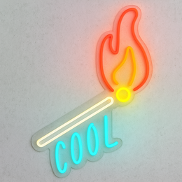  Neon wall light with flame and "COOL" text, featuring a modern, stylish design in vibrant colors.