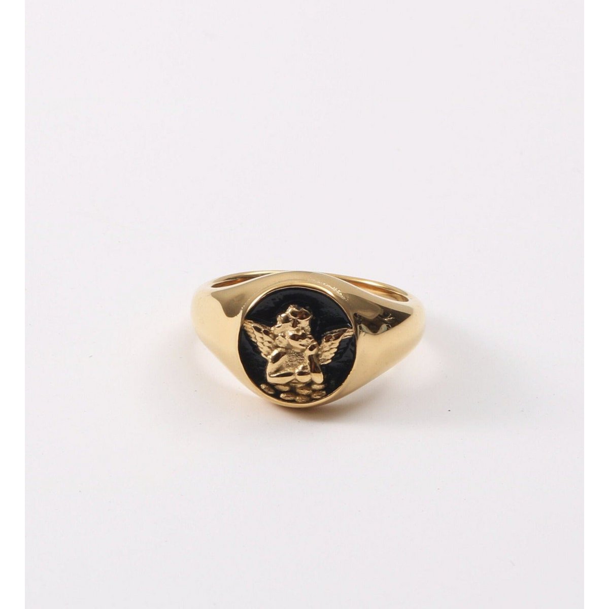 Kiki - Carved Angel Baby Black Enamel Signet Ring