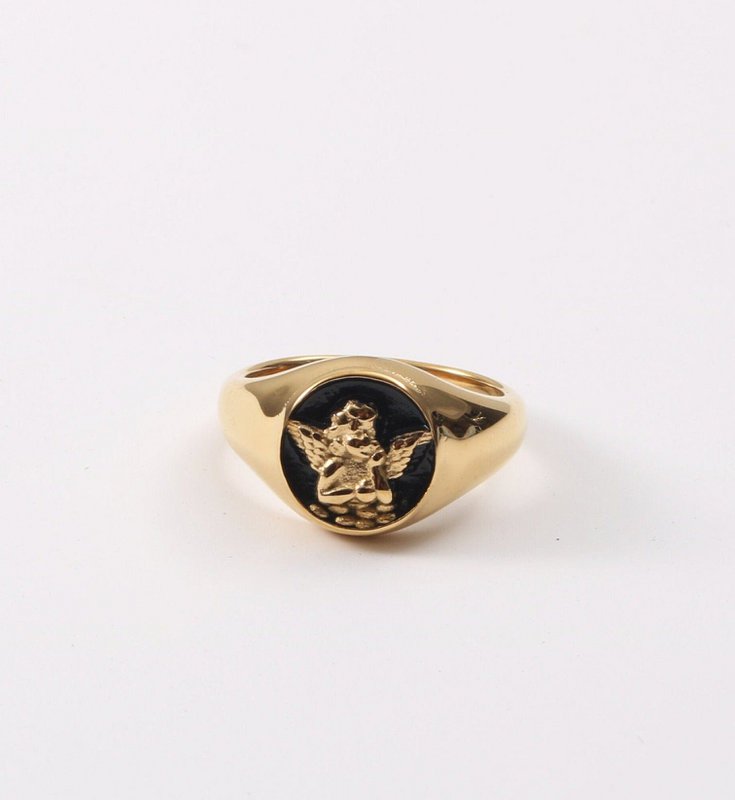 Kiki - Carved Angel Baby Black Enamel Signet Ring