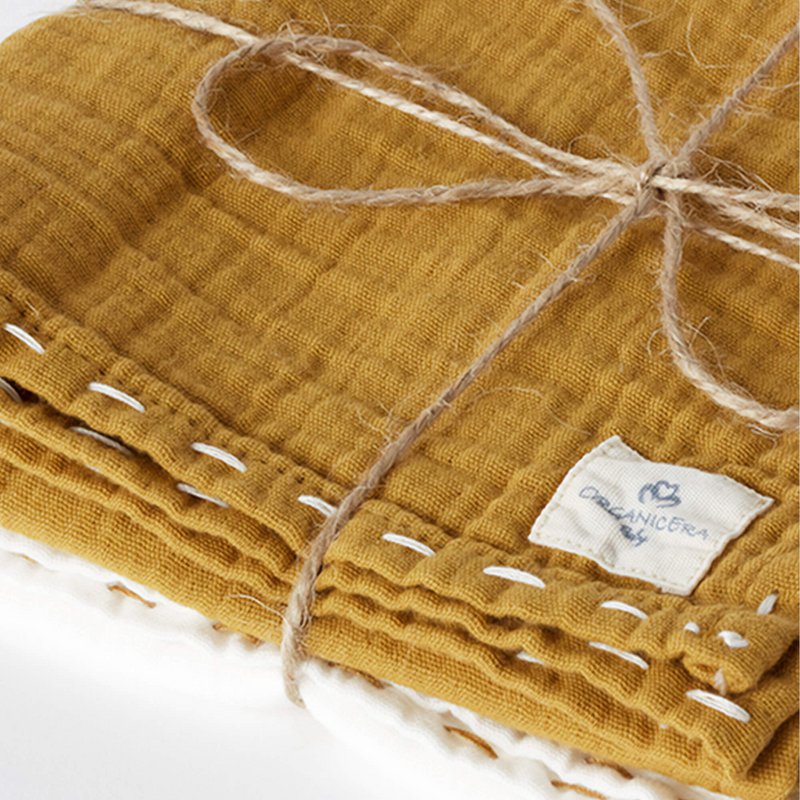 OrganicEra Organic Cotton Muslin Set of 2 pcs, Hand embroidered, Mustard