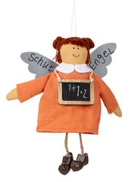 "Plush angel-themed keychain with chalkboard for personalization. Features orange outfit, wings, and 'Student' text."