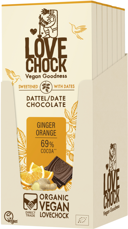 Cioccolato addolcito con date arancione zenzero 69% cacao - biologico, vegano, resistente