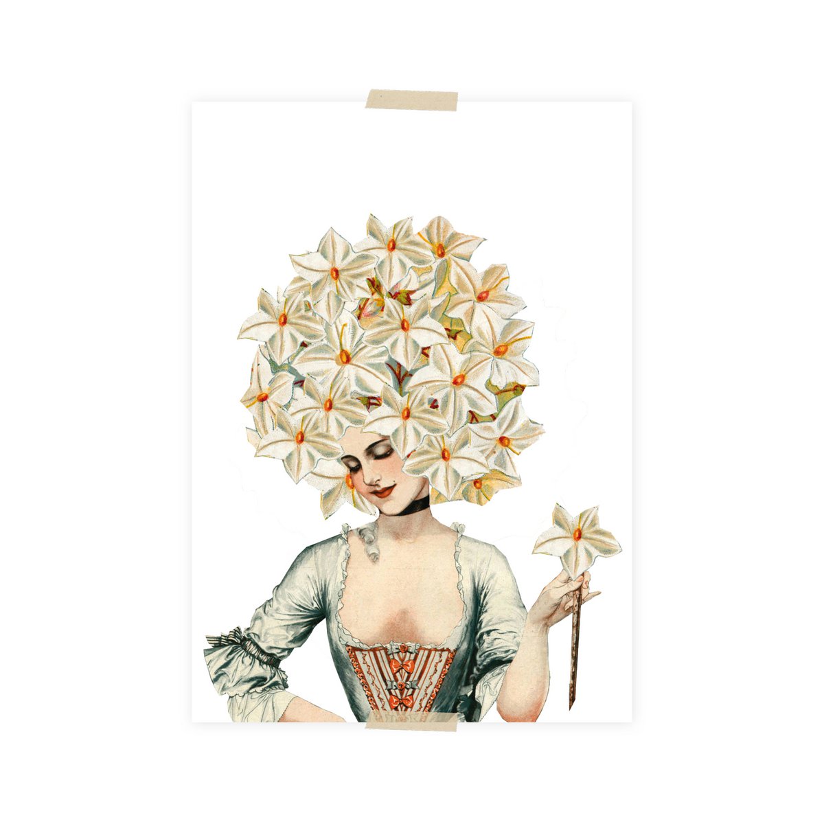Collage di cartoline Signora del XVII secolo con testa di fiore